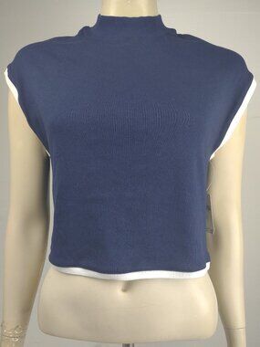 NWT Maeve navy blue white casual short sleeve mock neck cropped top ladies XS